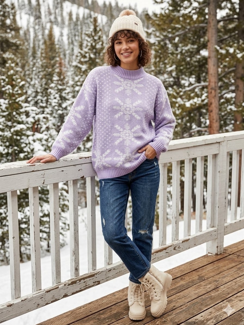 Cozy Lavender Snowflake Crewneck Sweater for Women